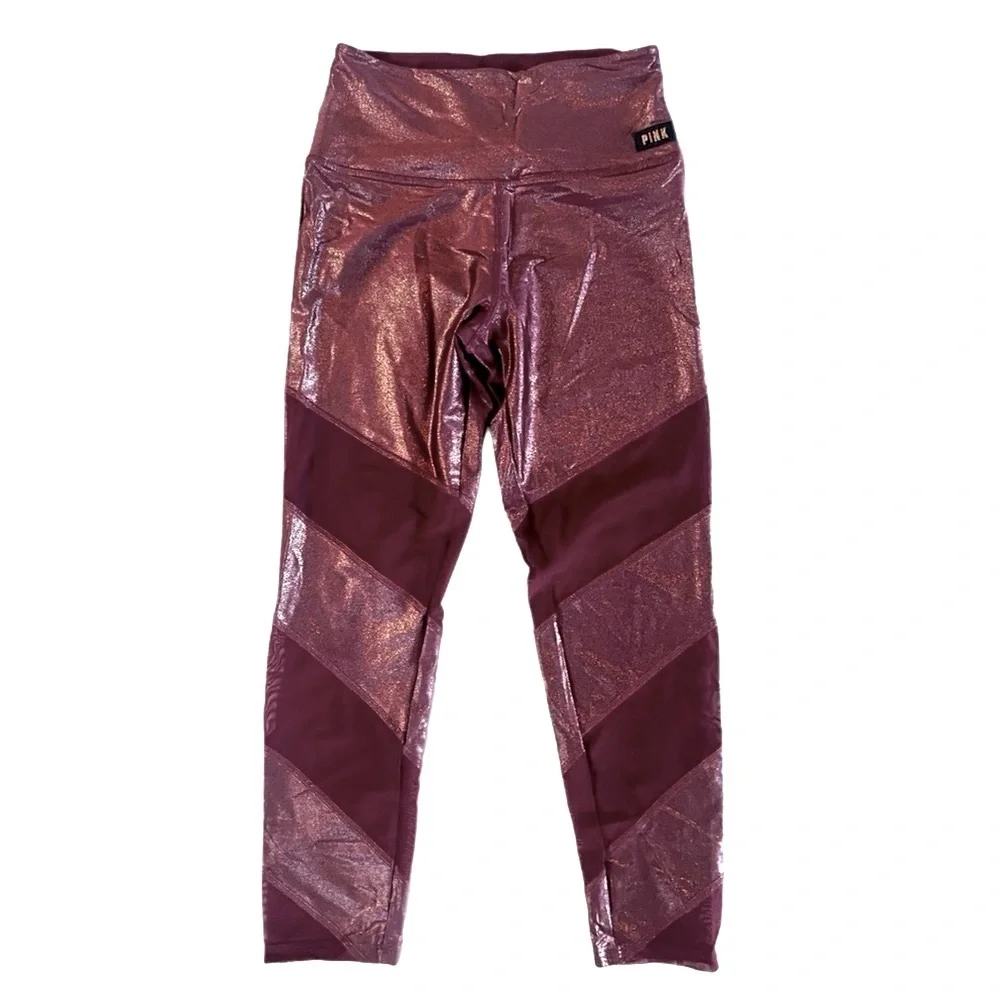 NWOT VS PINK Ultimate High Waist Foil Shine Leggings in Ruby with Mesh M